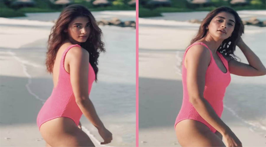 Pooja Hegde Hot & Sexy Pics on Beach in Pink Swimsuit